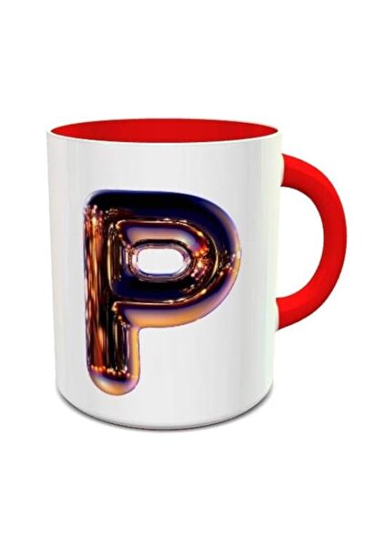 Generic Impress Ceramic Coffee Mug with Night Chrome (Letter P, White & Red)