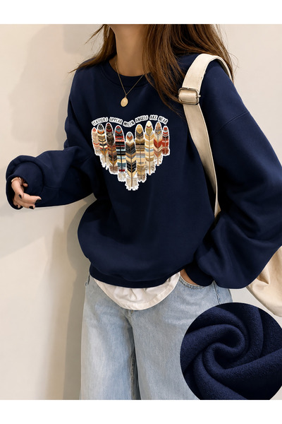 ESADE Kadın Feathers Tüy Baskılı Bisiklet Yaka Kadın Lacivert Sweatshirt