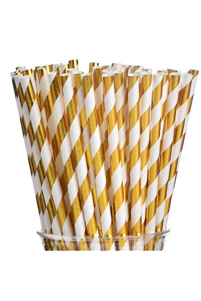 Generic Paporich Gold and White Stripes Paper Straws,Paper Straws for Drinkin...