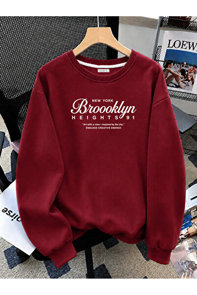 ESADE Kadın New York Brooklyn Yazılı Rahat Kalıp Bisiklet Yaka Bordo Sweatshirt