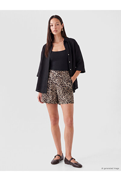 LC Waikiki Nevavm High Waist Leopard Patterned Women's Shorts with Difference
