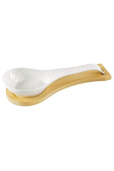 Generic Shallow Porcelain Spoon Rest with Bamboo Base - PJ03098