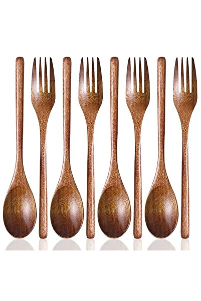 Generic DaKuan Set of 8, Wood Soup Spoons and Forks, Wooden Ladle Spoon and F...