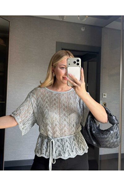 VIORA FASHION İnce Kemerli Ajurlu Örgü Bluz