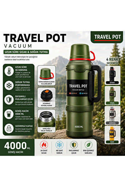 TRAVEL POT 4 LT ÇELİK TERMOS 48 SAAT SICAK VE SOĞUK 4 FARKLI RENK SEÇENEĞİ İLE MEVCUT