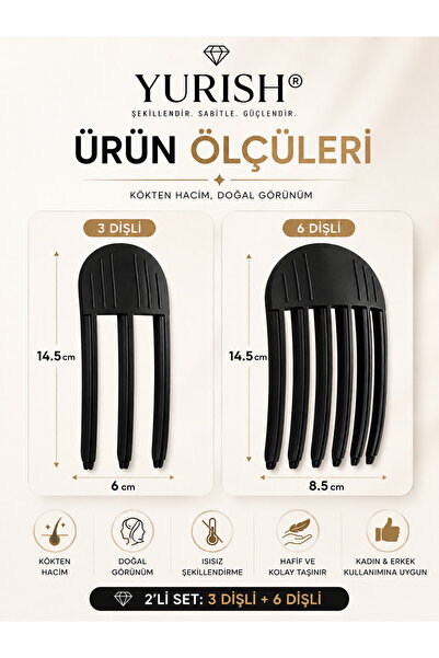 YURISH Unisex Erkek 2'li Siyah Kabarık Saç Kaldırma Kök Volüm Isısız Şekillendirici Tarak Perçem Hacim Verici Kore klipsi
