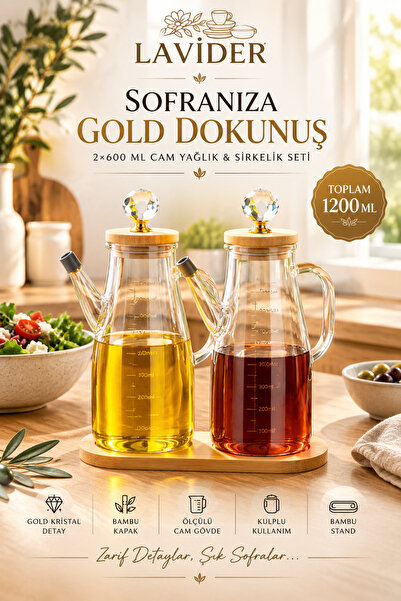 Lavider Gold 2’li Cam Yağlık Sirkelik Seti - 1200 ml Bambu Kapaklı Standlı Öl...