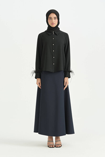 Nihan Stylish Shirt with Embroidered Sleeves - Black