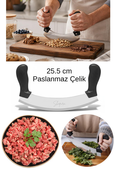 Shopura Paslanmaz Çelik Zırh Bıçağı 25.5 cm Çift Saplı Kebap Ve Kıyma Satırı ...