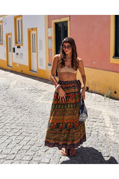 CES.İZ Women's Indian Patterned Wrap Long Skirt Cotton Woven Ethnic Bohemian ...