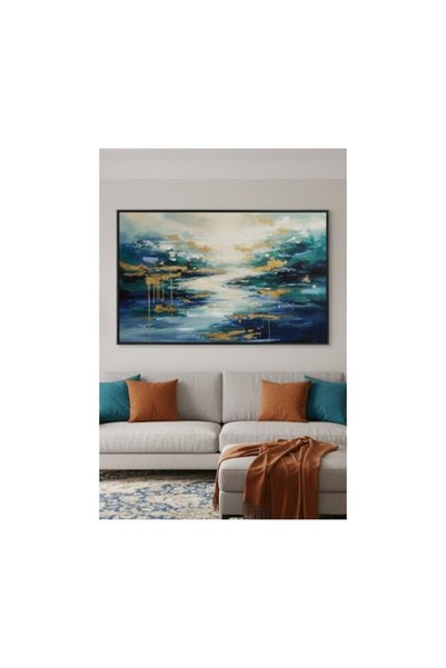 Safir Design Modern Sanat Esintili Turkuaz ve Altın Geçişli Çerçeveli Tablo