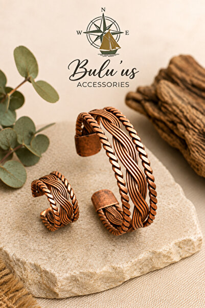 BULU'US ACCESSORIES El İşçiliği Örgü Tasarım Bakır Bileklik ve Yüzük Seti – A...