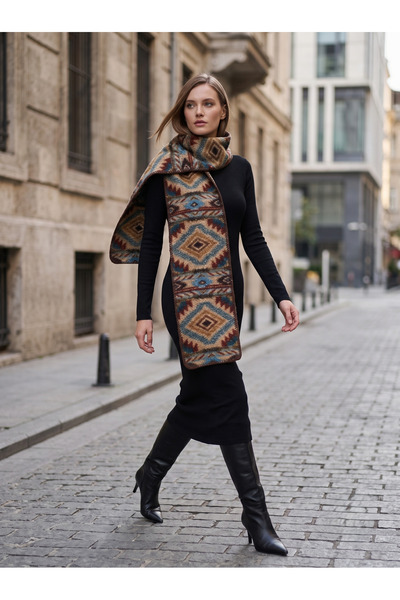 Luminos Butik Eșarfă-șal de iarnă cu textură moale, cu model etnic albastru, ...