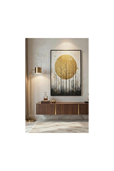 Safir Design Altın Güneş ve Minimalist Orman Silüeti Çerçeveli Tablo