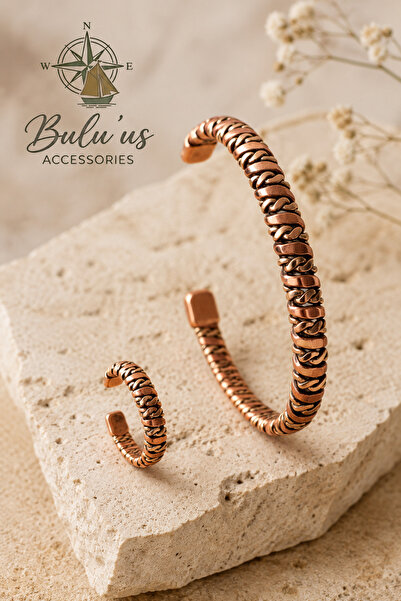 BULU'US ACCESSORIES Bakır Bileklik & Yüzük Seti – Örgü Desenli Otantik Tasarı...