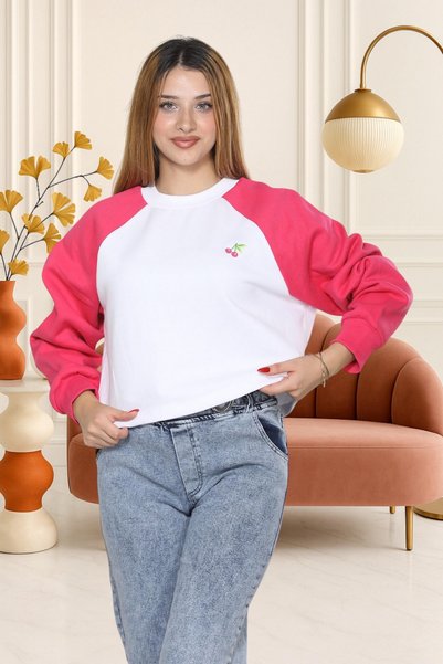 ESADE Women's White Raglan Sleeve Cherry Embroidered Crew Neck Oversize 3 Thread Sweatshirt