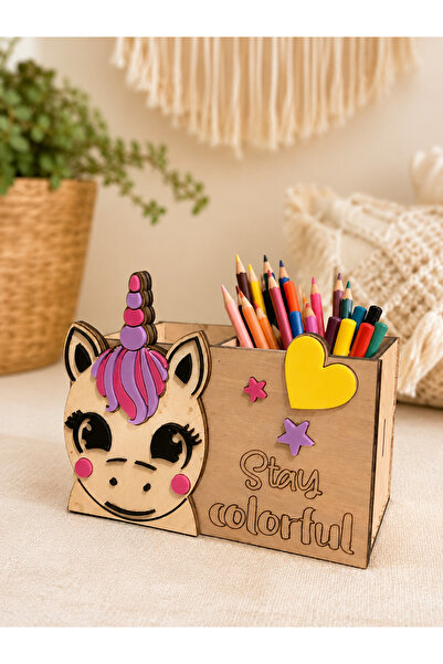 Boncukafası Katmanlı Ahşap Unicorn Kalemlik – Çocuk Odası Masa Organizeri