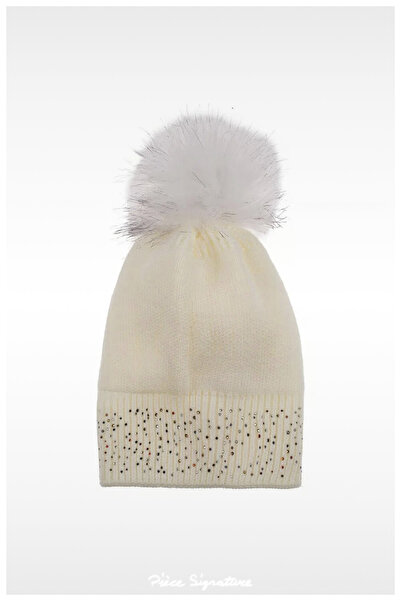 PIECE SIGNATURE Quality, Knitted, Pearl and Stone Pompom Beret for Women