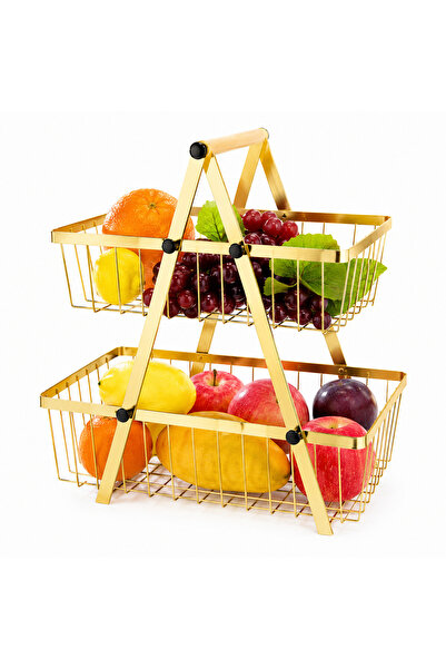 Generic Brand 2-Tier Metal Fruit Basket Stand with Wooden Handle, Foldable Co...