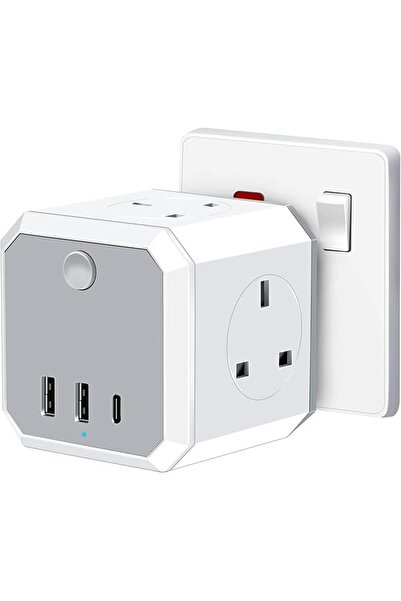 GENERAL Yakitar Power Extension Adapter, 4 Way Multi Plug 3 USB Cube Power Ex...