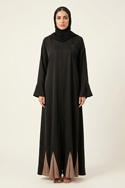 AMA Apparel Women's Black Embellished Abaya with Contrast Hem Inserts - Khadi...
