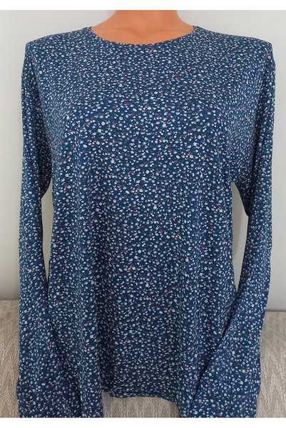 Anne Er Clothing Combed Cotton Blouse Long-Sleeve O-Neck Blue Floral