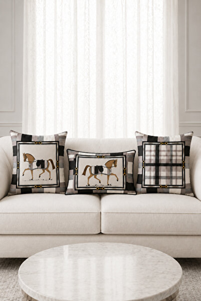 Bebişim Halı Gray Black Horse Patterned 3-Piece Decorative Throw Pillow Cover...