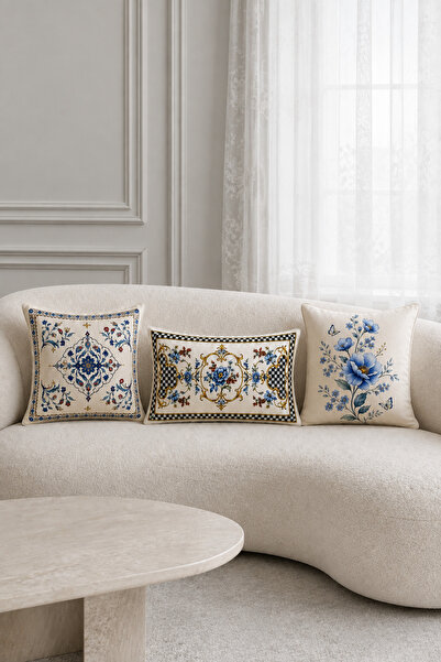 HOMESSA Cobalt Blue Red Flower 3-Piece Throw Pillow Cover