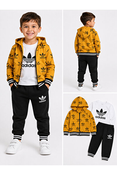 MAVİ BONCUKK Children's Hooded Zippered 3-Piece Set Printed Sweatshirt T-Shir...