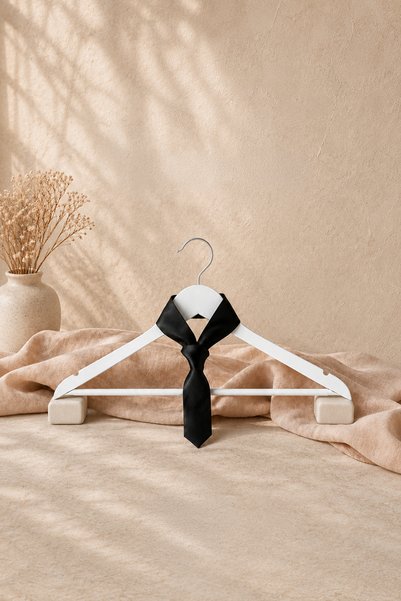 ATOLYE498 Wooden Clothes Hanger Set with White Ribbon and Black Tie - Wedding Dress and Groom's Suit Hanger