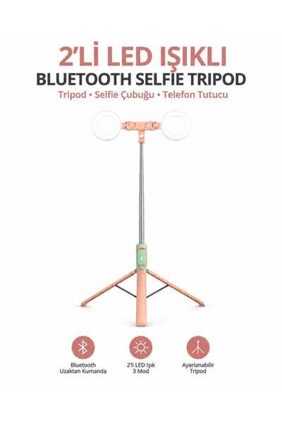 ABRAXTECH 2’li LED Işıklı Bluetooth Kumandalı 170 cm Selfie Çubuğu Tripod Tel...