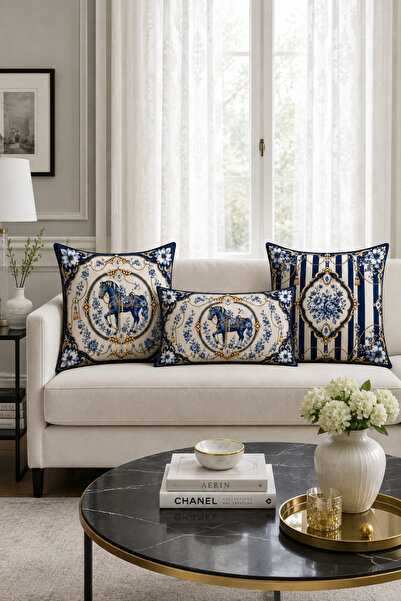 HOMESSA Navy Blue Horse Figured 3-Piece Throw Pillow Cover