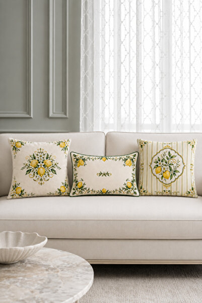 HOMESSA Yellow Lemon Floral 3-Piece Decorative Throw Pillow Cover
