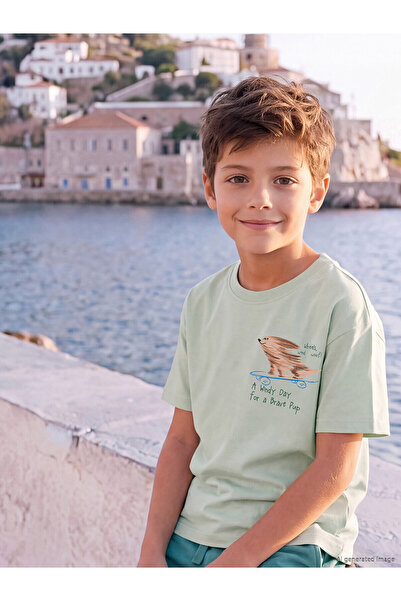LC Waikiki Trendlucky Boys' T-Shirt with Oval Collar and Printed Design