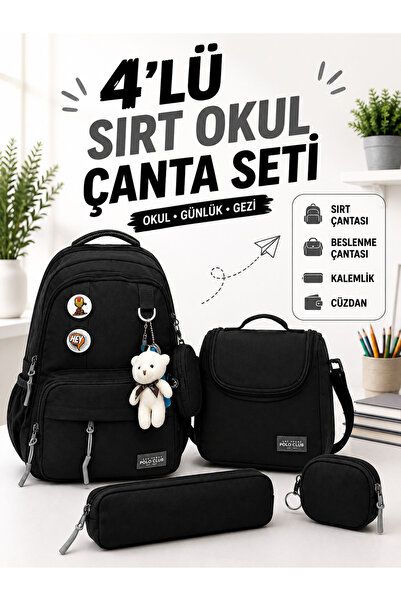 a v d a 4'lü Siyah Okula Dönüş İlkokul Çanta Seti Sırt Çantası Beslenme Çanta...