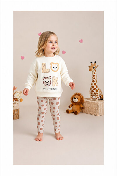 Korakababy Kız Çocuk Hayvan Desenli Ekru Sweatshirt Tayt Alt Üst Takım 2-8 Yaş