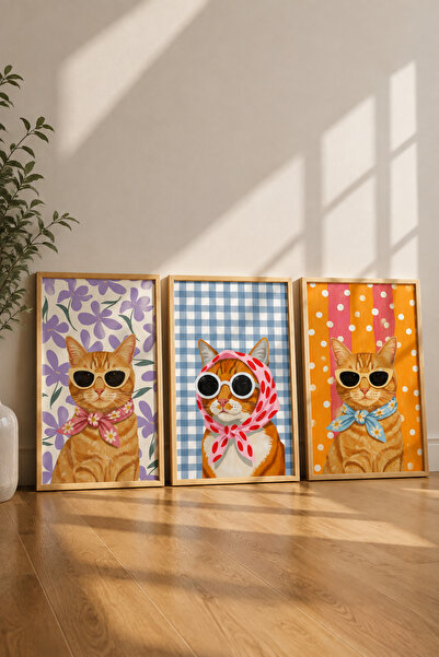 sanatıbedi Çerçevesiz 3’lü Kedi Poster Seti | Duvar Sticker | Dekorasyon | Ar...