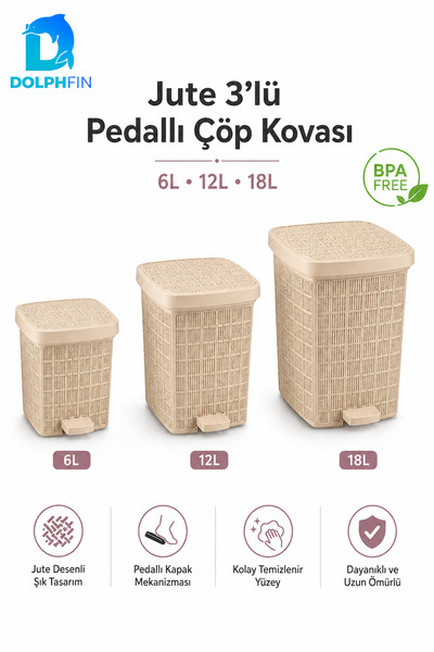 DolphFin Jute 3’lü Pedallı Çöp Kovası Seti 6 L + 12 L + 18 L