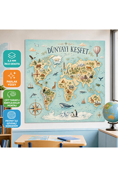HiperAD Reklam Dünyayı Keşfet Çocuk Dünya Haritası 4,5 mm Dekota Tablo, Forex...
