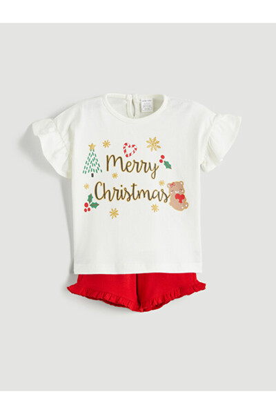 LC Waikiki Crew Neck Printed Baby Girl Blouse and Shorts 2-Piece Set