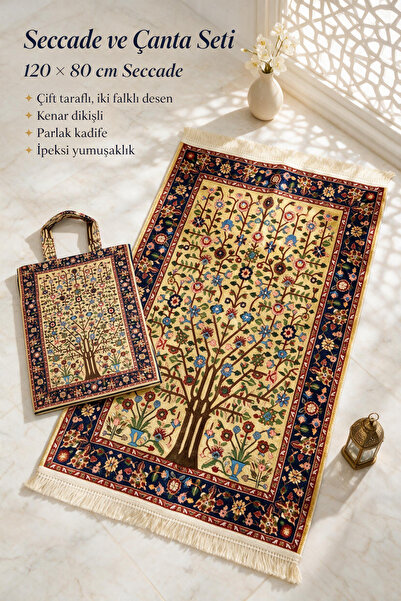 ARTAN GALLERY Çantalı Çift Taraflı Kadife Seccade – 2 Farklı Desen, İpeksi Pa...