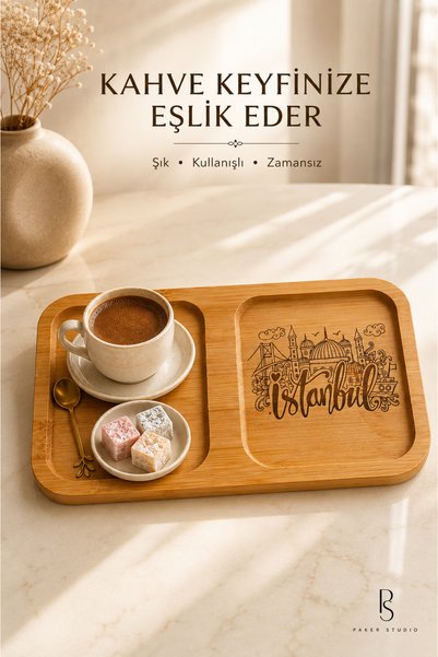 PakerStudio Paker Studio Istanbul Themed 2-Compartment Laser-Engraved Bamboo Coffee Presentation Stand