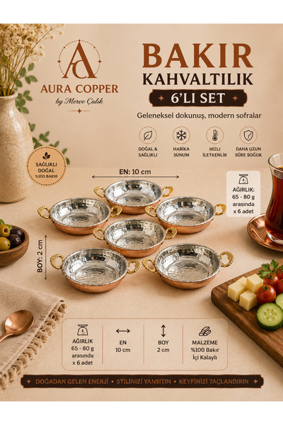 AURA COPPER 10 cm Kulplu – 6’lı: 6’lı Kulplu Bakır Kahvaltılık Sahan Seti 10 ...