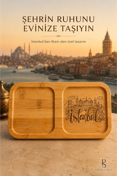 PakerStudio Paker Studio Istanbul Themed 2-Compartment Laser-Engraved Bamboo Coffee Presentation Stand