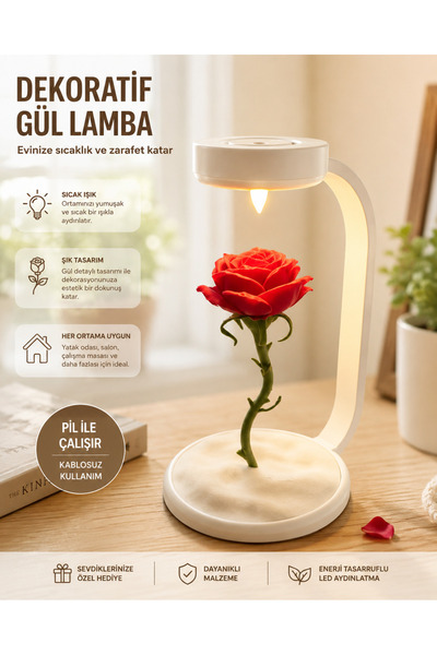 GF3D Solmayan Gül Masa Lambası – 3D Baskı Dekoratif Romantik Gece Lambası – S...