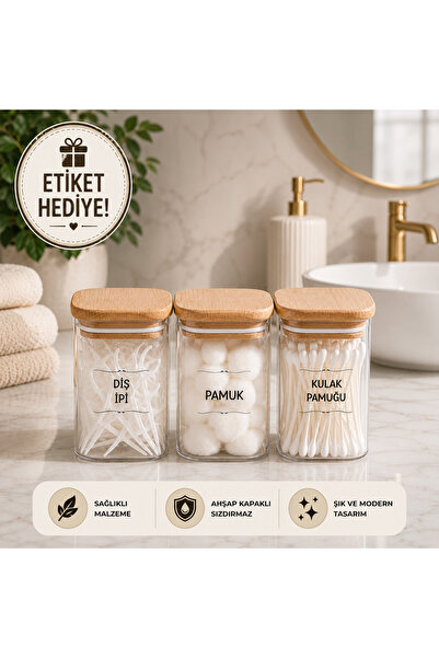 Glass&Grace 3’lü Şeffaf 300 ML Ahşap Kapaklı – Pamuk, Kulak Çubuğu, Makyaj ve...