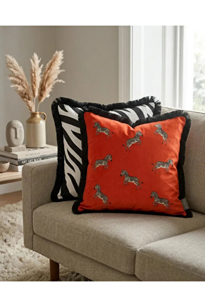 white rabbit home Turuncu Renkli Ve Siyah-Beyaz Zebra Desenli 2'li Kırlent Seti