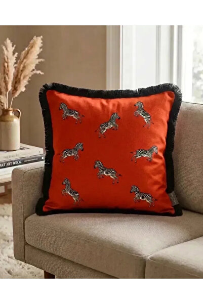 white rabbit home Zebra Desenli Saçaklı Kırlent Kılıfı -Turuncu