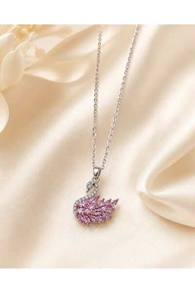 Kumru Studio Pink Stone Swan Steel Necklace – Silver