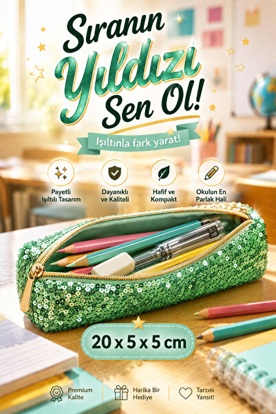 MAKE BAG ZÜMRÜT IŞILTILI PAYETLİĞİ OKUL KALEMLİĞİ